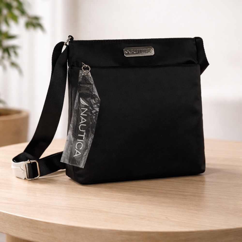 Nautica Black Crossbody Bag Women's Adjustable Strap Logo Zip Closure NWT